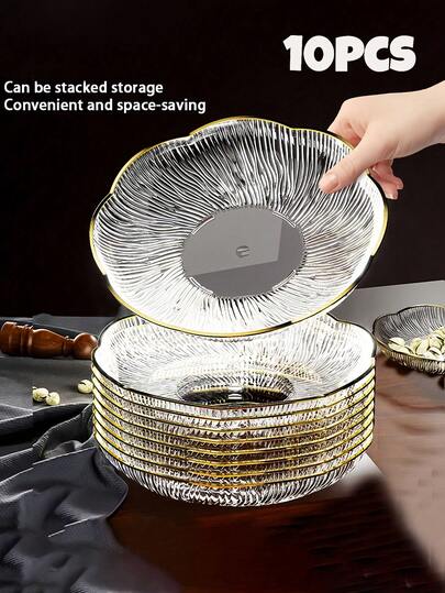 10 Pack Clear Flower Plastic Plates With Gold Rim, Elegant Stackable Serving Trays, Reusable Lightweight Plates For Wedding, Party, Dessert & Home Decor