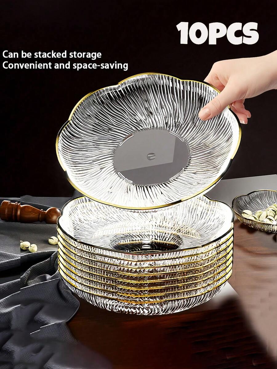 10 paquete de platos de plástico transparentes con borde dorado, bandejas de servir apilables elegantes, platos ligeros reutilizables para bodas, fiestas, postres y decoración del hogar - Multicolor - Ver 1