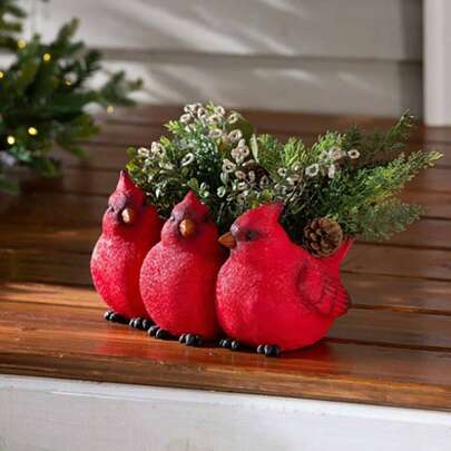 Red Bird Garden Decor, Resin Craft For Balcony & Home, Succulent Plant Pot Ornament, Handmade Outdoor Decoration