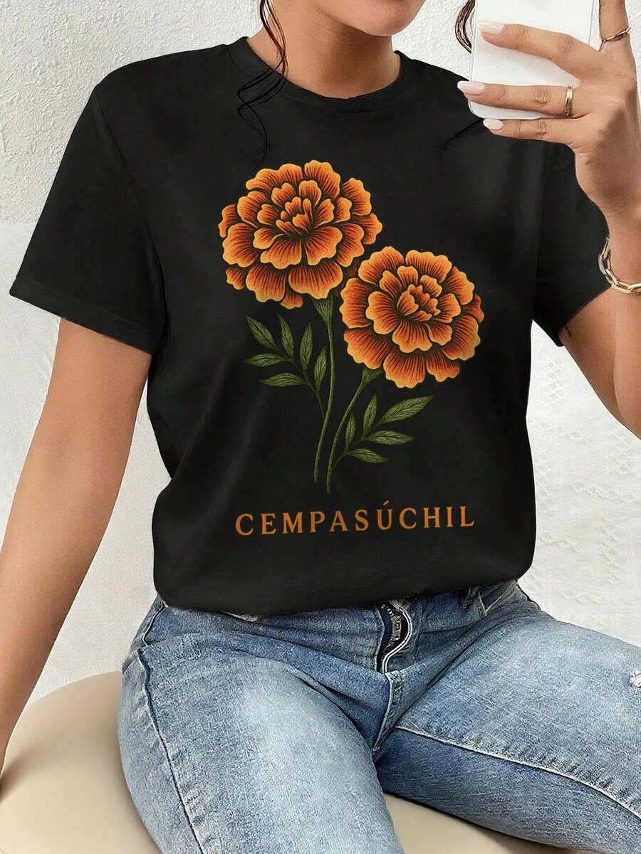 Playera Para Mujer,Estético Flor Cempasúchil, Camiseta Gráfica - Día de Los Muertos, Cempasuchil Marigold, Fall Floral Shirts - Negro - Ver 1