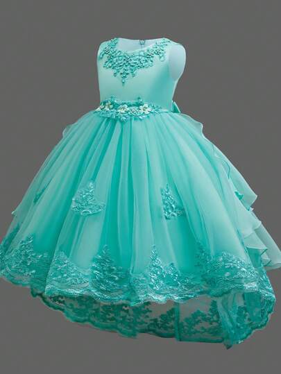 Elegant Sleeveless Beaded Tail Luxurious Princess Dress, Tulle Puffy Performance Flower Girl Evening Gown
