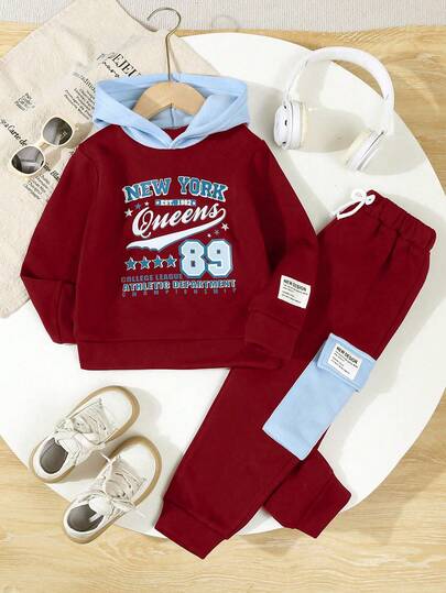 Conjunto de 2 piezas de sudadera con capucha y pantalones con estampado de la letra "NEW YORK" para niño, informal, para otoño/invierno