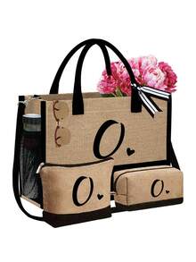 A-Z字母黑色帆布/亚麻手提袋，带化妆包，个性化礼品袋，适合婚礼、生日、海滩、度假、上学等场合，是送给女性、妈妈、老师、朋友、伴娘、学生的绝佳礼物。大容量手提袋，简约设计，便携休闲收纳袋。 - 彩色 - 查看 41