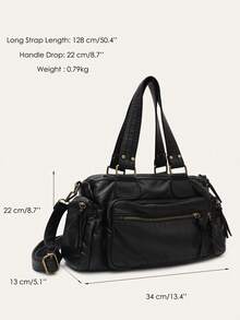 STEPHIECATHY Solid Color Washed Soft PU Faux Leather, Zipper Closure, Multi-Pocket Design, Dual Short Shoulder Straps, Adjustable Waist Belt, Unisex, Retro Casual Practical, Suitable For School & Daily Commute - Black - View 9