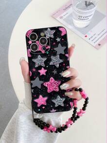 1 pieza Funda de teléfono a prueba de golpes con estampado de estrella de lentejuelas de estilo Y2K en color negro de TPU y 1 pieza Funda de teléfono versátil y creativa con decoración de lazo en color magenta, adecuada como regalo para novia, mejor amiga, esposa, pareja, familia, jefe, pareja, compañeros de clase, maestro, compañeros de trabajo, cumpleaños, vacaciones - Funda protectora suave mate anti-polvo y anti-agua compatible con iPhone - Multicolor - Ver 3