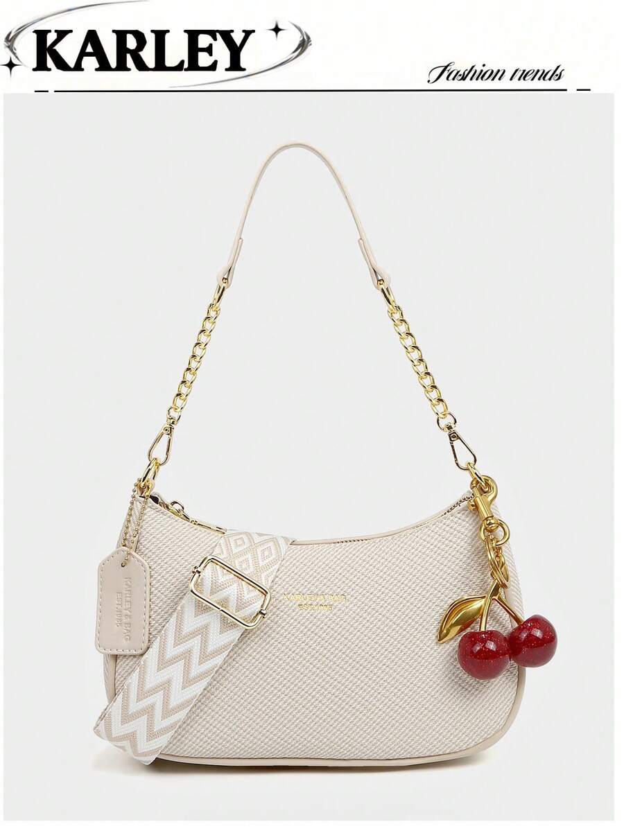 2025新款时尚经典百搭字母图案纯色PU皮革新月形单肩/腋下包，Y2K风格单肩/腋下包，适合购物，可斜挎 - 白色 - 查看 1