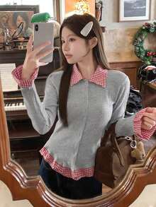 Áo thun dài tay 2 trong 1 cổ polo kẻ sọc tương phản dành cho nữ, dáng ôm, thích hợp mặc vào mùa xuân và mùa thu - hoa màu xám - Xem 1