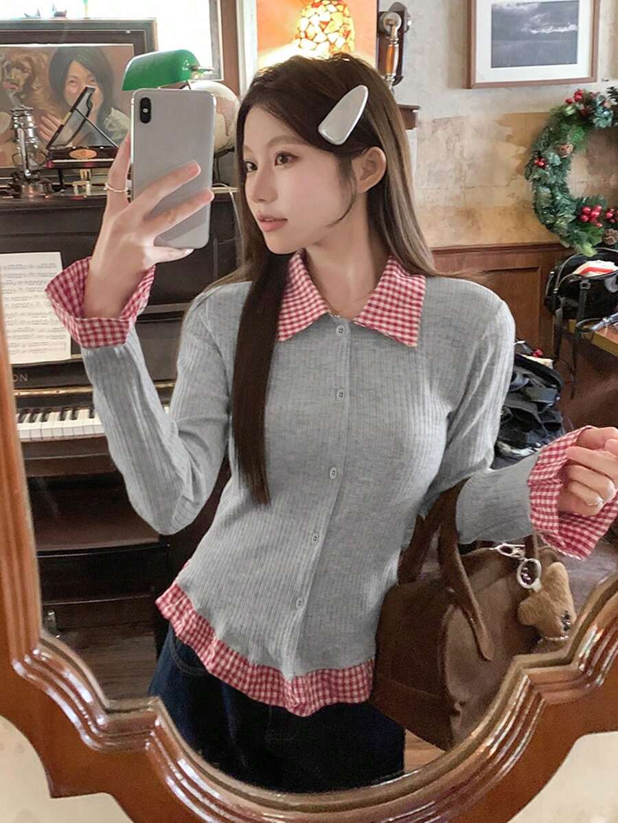 Áo thun dài tay 2 trong 1 cổ polo kẻ sọc tương phản dành cho nữ, dáng ôm, thích hợp mặc vào mùa xuân và mùa thu - hoa màu xám - Xem 1