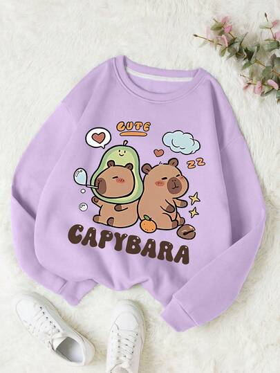 Tween Girl Adorable Groundhog Print Crewneck Sweatshirt For Back To School Essential, Girl' Fashion Item, Fall Winter Pullover Sweatshirt, Machine Washable & Durable, Soft For Daily