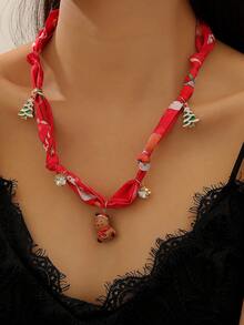 1pc Fashion Heart, Santa Claus, Reindeer, Gingerbread Man, Christmas Tree, Small Bell Pendant Women's Scarf Necklace, Creative Christmas Accessory Suitable For Parties And Decoration