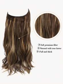 隐形钢丝接发，棕色到焦糖金色，自然波浪卷发片，女士合成接发，夹式假发片 - 間色 - 查看 4