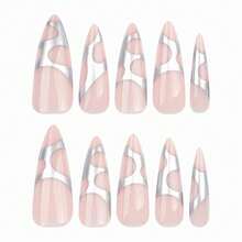 Press On Nails Long Stiletto Fake Nails Sliver Chrome Glue On Nails Y2k Acrylic Nails 24Pcs Almond Manicure Stick On Artificial Nails - 多色4 - 查看 3