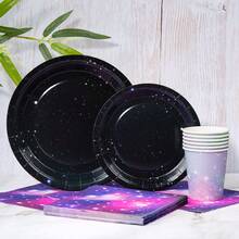 1 Set Black Starry Night Disposable Plates, Napkins And Cups, Suitable For 10 Guests, Disposable Paper Plates Party Supplies Fit For Birthday Party, Family Picnic