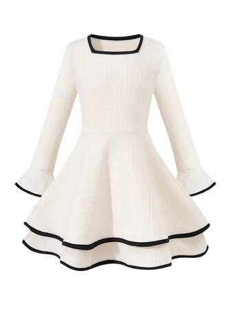 OIPOIG 女童纯色方领喇叭袖长袖连衣裙，迷你 Y2K 优雅复古，分层下摆连衣裙，适合日常穿着、派对、生日、学校舞会