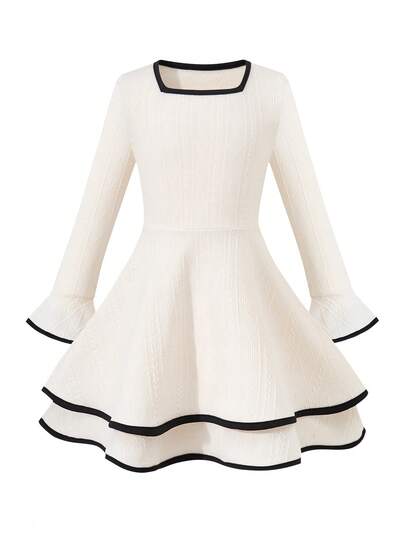 OIPOIG 女童纯色方领喇叭袖长袖连衣裙，迷你 Y2K 优雅复古，分层下摆连衣裙，适合日常穿着、派对、生日、学校舞会