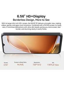 Blackview WAVE 9C 智能手机全球版，4GB+128GB/64GB 存储，搭载紫光展锐 Tiger T603 处理器，6.56 英寸高清+ IPS 显示屏，1300MP 前置摄像头，5000mAh 电池，支持 10W 充电，运行基于 Android 12 的 DokeOS 4.2 系统。 - 黑色 - 查看 4