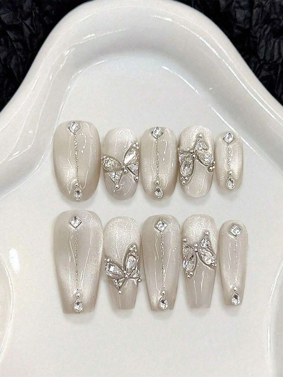 10pcs Butterfly Glass Beads Cat's Eye White Flashing Handmade Wear Nails Press On Nails Short Oval/Medium Length Coffin Fake Nails, DIY Nail Art Supplies Music Festival - White - View 1