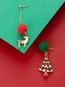 1 pereche de cercei asimetrici din aliaj de zinc glazurat cu ren și brad de Crăciun, roșii și verzi, potriviți pentru femei, pentru a fi purtați în timpul Crăciunului