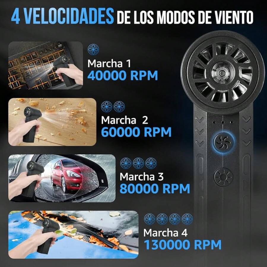 Nasjac Plumero de Aire Comprimido Eléctrico, 16 en 1 Soplador de aire Inalambrico de 130000RPM para limpiador Teclado y PC, Pistola de Aire Comprimido con Luz LED, Ventilador Turbo con 4 Velocidades - Negro - Ver 1