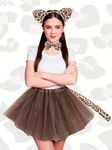 3pcs Cross-Border Cute And Fun Leopard Print Adult And Small Three Pieces Set Props, Cat Ear Headband, Tail, Bow, Suitable For Various Festival And Party Outfit Props.