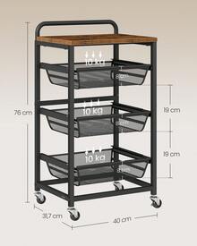 Carrello da Cucina a 4 Ripiani, con Cesti Scorrevoli, Carrellino da Cucina con Rotelle, con Maniglia, 31,7 x 40 x 76 cm, Marrone Vintage e Nero Inchiostro - nero - Visualizzare 6