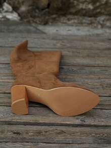 2024 Autumn/Winter New Plus Size Imported Suede Thick Heel Pointed Toe Side Zipper Solid Color High Heel Women Riding Boots,Party - Camel - View 7