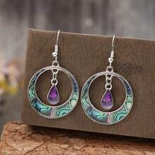 A Pair Of Retro Bohemian Style Round Hollow Colorful Pattern Dangling Water Drop Pendant Alloy Glue Earrings - 彩色 - 查看 6