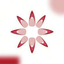 Press On Nails Long Stiletto Fake Nails Ruby Red French Tip Glue On Nails Star Design Acrylic Nails 24Pcs Almond False Nails Glossy Stick On Nails - 多色23 - 查看 4