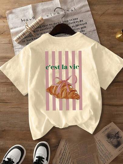 Women's Large Size Casual Short Sleeve T-Shirt With Vivid Croissant And Stripe Graphic Print - Casual Crew Neck Spring Summer Tops, Women's T-Shirts,Plus Size Women Clothes,Autumn Plus Size,Plus Size Fall Clothes Women,Plus Size Autumn Clothes,Autumn Outfits Women,Winter Clothes,Winter Clothes Women,Going Out Tops Women,Valentine Outfits For Women,Plus Size Women Clothes,Valentine's Day