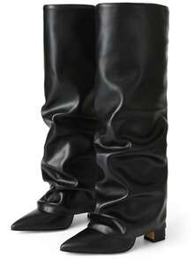 2025 New Knee High Boots For Women With Pointed Thick Heels And Solid Color Patterns Comfortable Fashionable Autumn  Winter Nightclub Party Motorcycle Combat Boots - 黑色pu - 查看 11