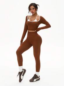 WAKYME 女士休闲运动两件套，露肩长袖上衣+无缝紧身裤 - 棕色 - 查看 4
