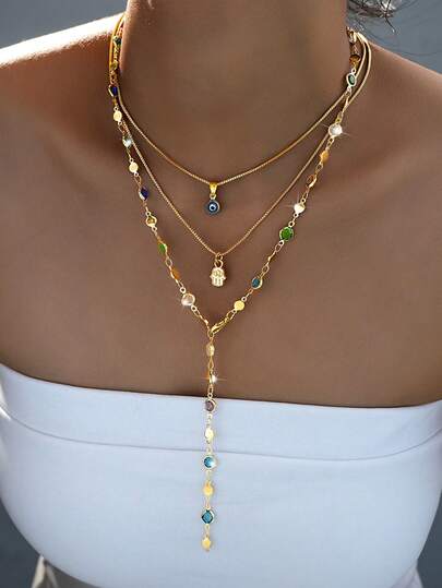 3件套时尚简约波西米亚风邪眼与手掌彩色水钻Y形链项链套装，适合约会、派对、生日、日常佩戴。