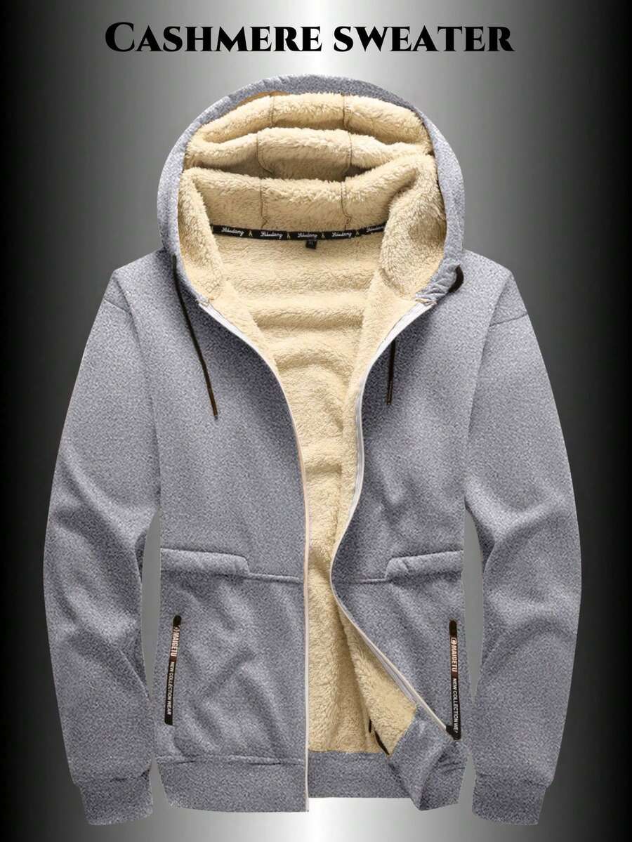 1件男士保暖连帽长袖外套，休闲羊羔绒保暖拉链卫衣 - 淺灰色 - 查看 1