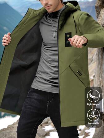 男士休闲连帽夹克，带抽绳，多口袋，长款，舒适徒步和户外穿着，秋冬季