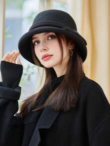 1 件女士秋冬新款拼接毛绒渔夫帽，优雅教堂帽，温暖透气的毛绒帽子，带有优雅的蝴蝶结装饰，优雅淑女风格渔夫帽，可水洗，适合秋冬日常穿着、散步、购物 - MM2615 - 查看 5