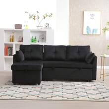 L-Shaped Sectional Sofa With Reversible Chaise Lounge, Modular Sectional Sofa With Storage Seats - Black + Velvet + 3 Seat - View 7