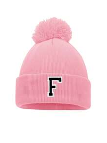 1 件刺绣个性化婴儿针织帽幼儿儿童 26 个字母针织帽毛球帽适合幼儿男孩和女孩 - 粉色 - 查看 9