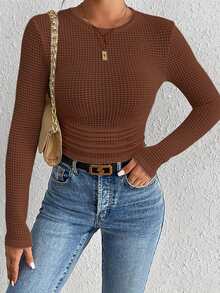 Women's Round - Neck Long - Sleeve Knit Top For Spring  Fall Casual, Shopping Wear - 咖啡色 - 查看 2