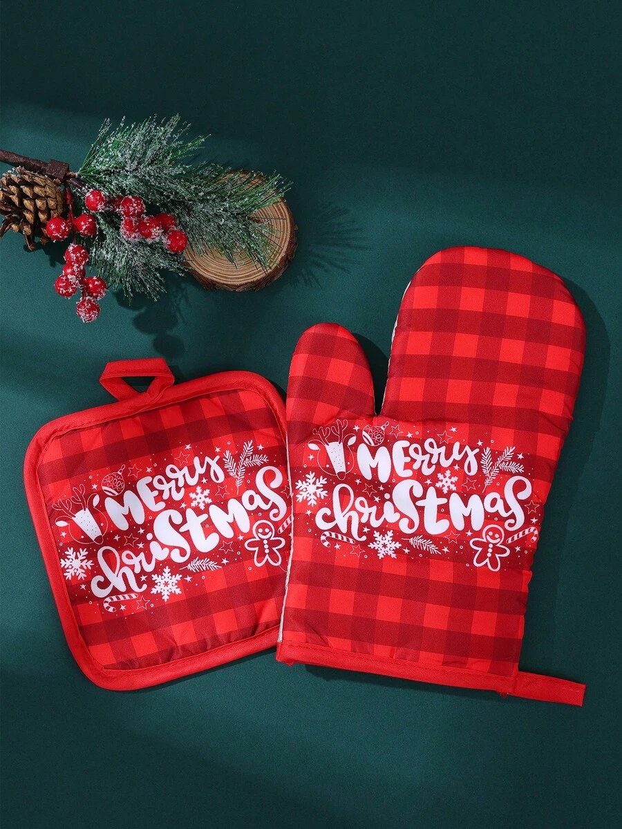 2pcs Christmas Oven Mitts And Pads Set, Merry Christmas Red Plaid Mitts, Christmas Party Supplies, Perfect For Christmas Home Cooking, Baking, Grilling, Roasting And Microwave Use, Kitchen Accessories, Christmas Decoration, Home Christmas Decor, Christmas Gift, Winter Decoration, Christmas Party Gift - Multicolor - View 1