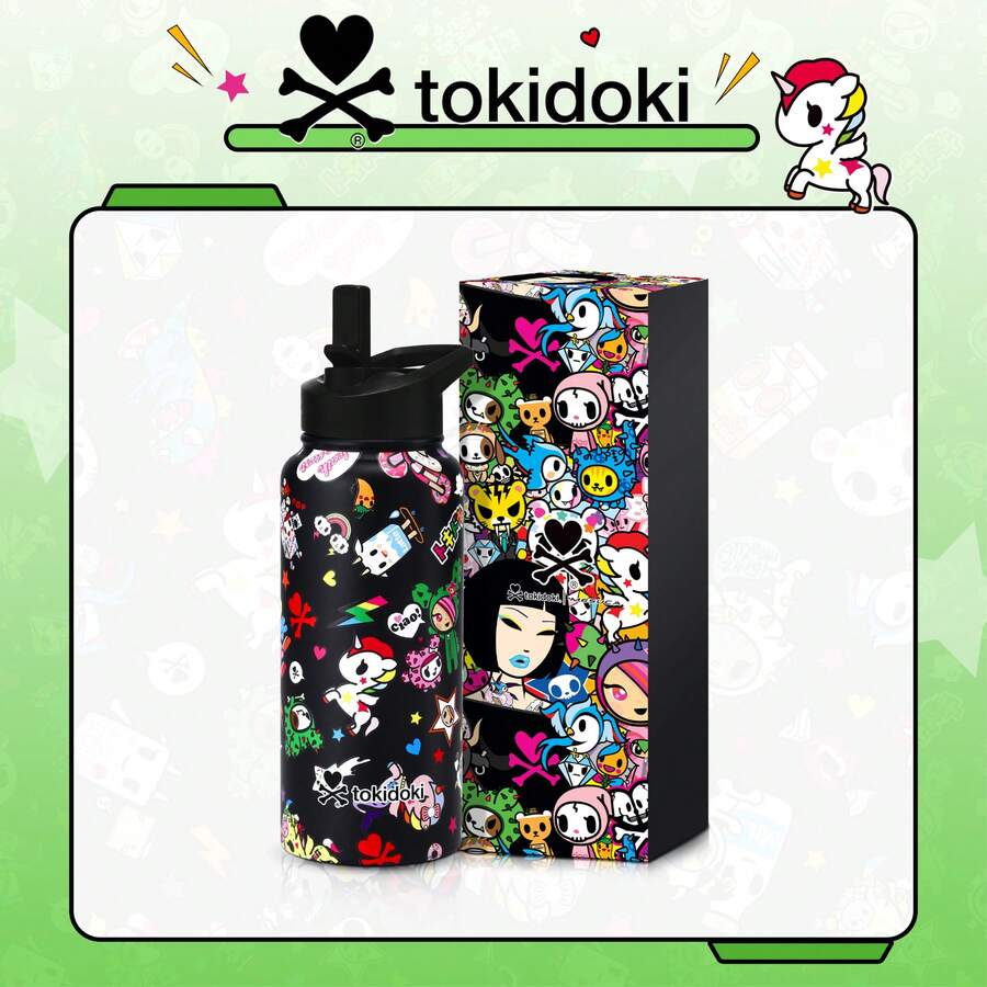Official Tokidoki Unicorno 32oz Insulated Water Bottle With Straw, Stainless Steel Metal Vacuum Thermo Water Flask, Leak-Proof Double-Wall Vacuum Tumbler Cup Coffee Mugs For Gym Travel Work Shopping - 黑色 - 查看 1