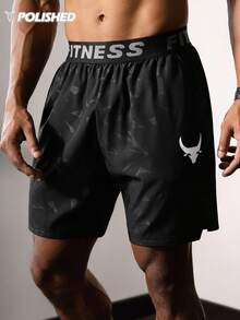 Boyfriend-Stil Herren Stier-Muster & Buchstaben Gurtband Lässig Shorts, Fitnessbekleidung, schwarze Gym Shorts, Athletische Shorts Schwarz, Herren Gym Shorts