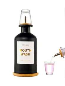 1pc 12OZ/350ML Mouthwash Dispenser, Coffee Syrup Bottle, Soy Sauce Vinegar Bottle, Bathroom Glass Mouthwash Rinser With Stainless Steel & Bamboo Sprout, Reusable Mouthwash Cup, Bamboo Tray And Stickers - Multicolor - View 3