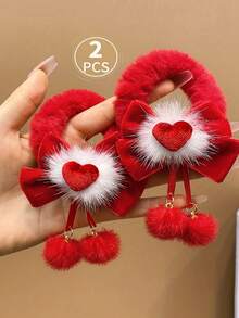 2pcs Christmas Cute Plush Bow Headband With Heart Pendant And Elastic Hair Band - Red & White Fluffy Hair Clips, Valentine's Day, Christmas, Birthday Party Accessories - Soft Stretchy Adult Headband - Multicolor - View 5