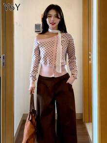 Y6Y Women's Pink Polka Dot Oblique Shoulder Knit Cardigan, 2025 New Early Autumn Vibe, Fitted Slim Flattering Asymmetrical Shoulder Long Sleeve Top - Pink - View 1