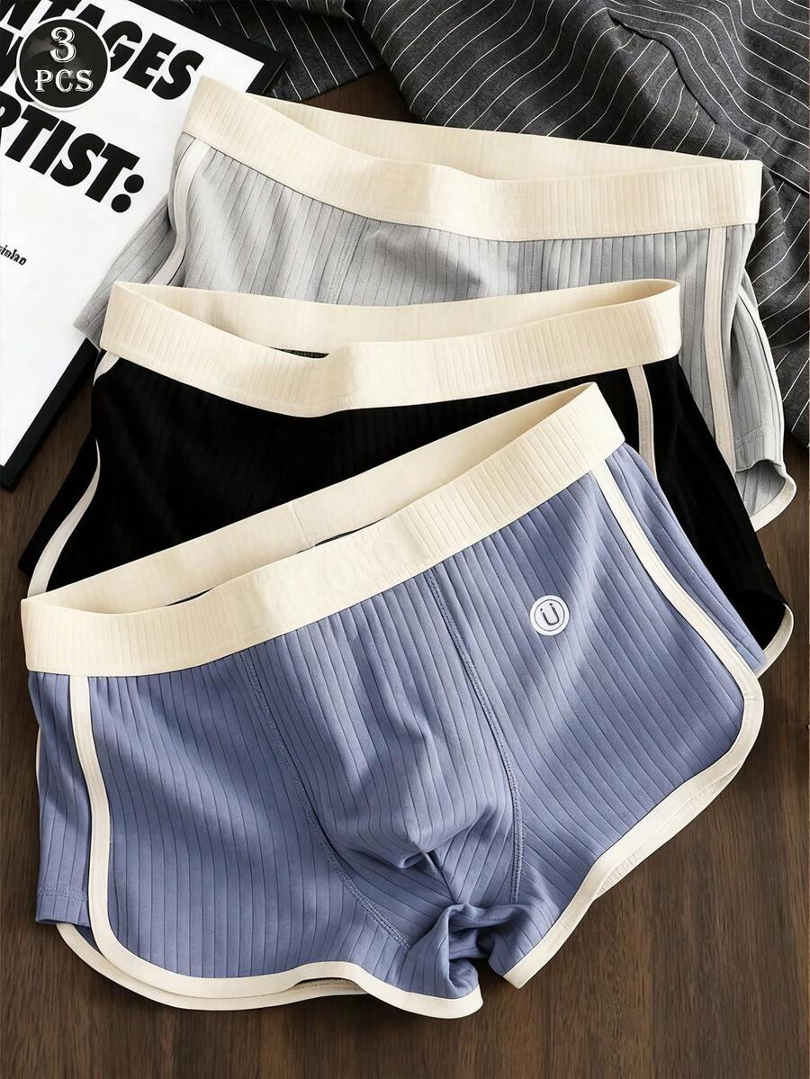 3pcs Cotton Ribbed Solid Color Boxer Briefs For Men - Multicolor - View 1
