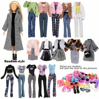 25 Pcs Doll Clothes Sets, Including 1 Pc Thousand Bird Check Coat 2 Pcs Winter Coats Sets 2 Pcs Casual Clothing Sets 1 Pc Skirt Set 4 Pcs Glasses 10 Shoes, For Doll Girls Gift, In Random
