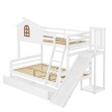 Etagenbett mit charakteristischen Fenstern und vierstufiger Kipptreppe, Kinder und Mutterbett mit Rutsche, mit zwei Schubladen, Bettrahmen aus Massivholz, Weiß, 90x200 & 120x200cm