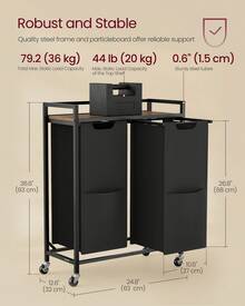 VASAGLE Laundry Hamper, 110 L Laundry Basket Cart With 2 Compartments, Storage Shelf, Wheels, Ink Black And Rustic Brown - Black - View 5