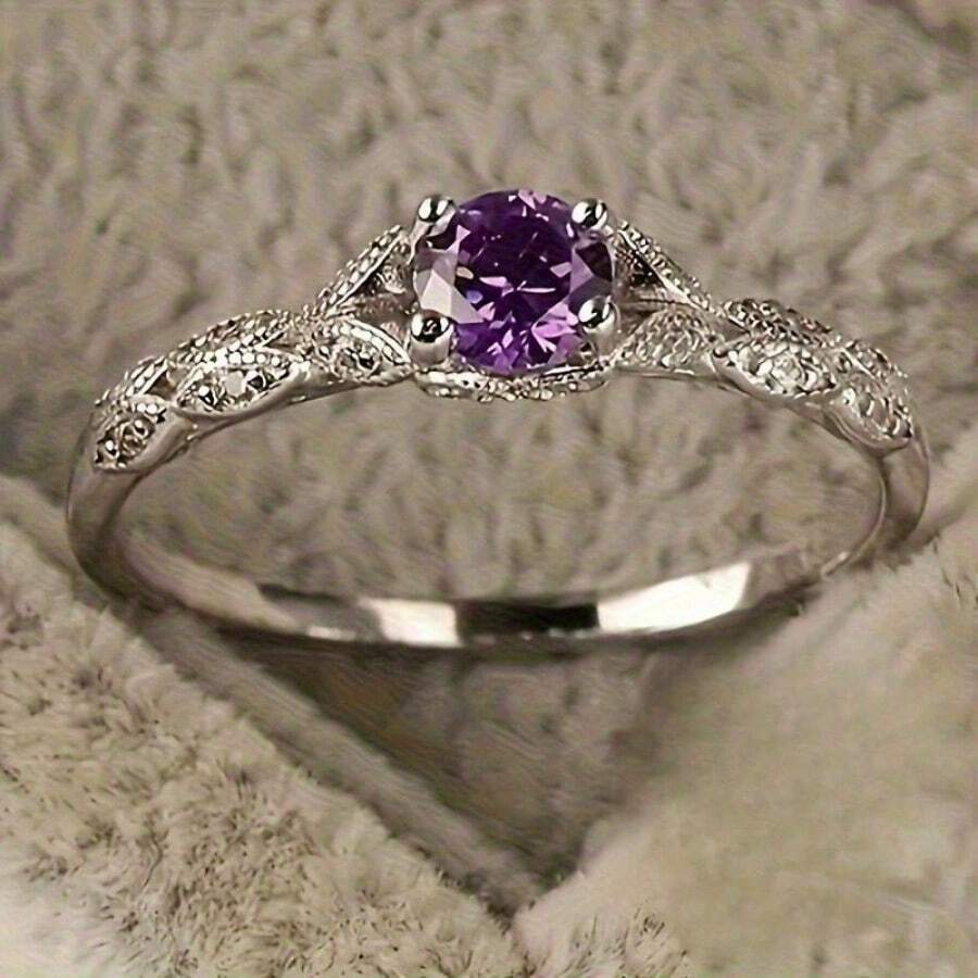 Hypoallergenic, Retro & Exquisite Silvery Carved Purple Gem Ring, For Daily Wear, Valentine's Day Gift For Girlfriend, Claim My Daily Gift, Local Warehouse, - bạc - Xem 1