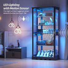 HWB Display Cabinet With Glass Doors, 71'' Tall Curio Cabinet With RGB Lights For Collectibles, LED Display Case With Removable Shelf For Book/Medal/Figure, Black - View 5